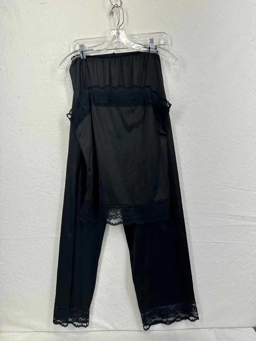 Black Polyester Vintage 70's Pajama Set With Lace Trim Size Small